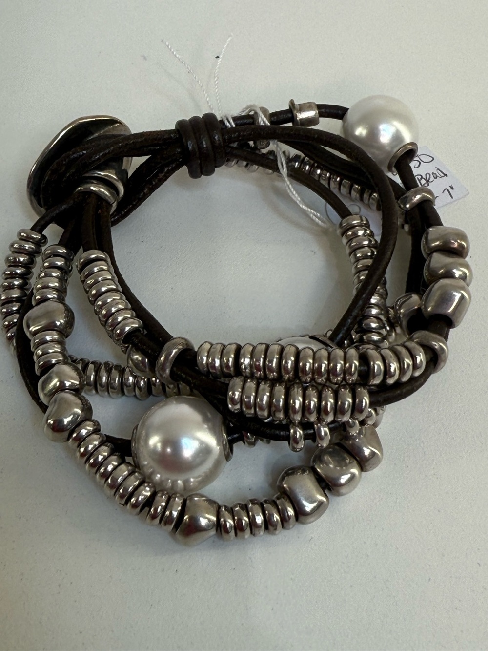 Uno De 50 Multistrand Leather Beads Faux Pearl 7" Bracelet